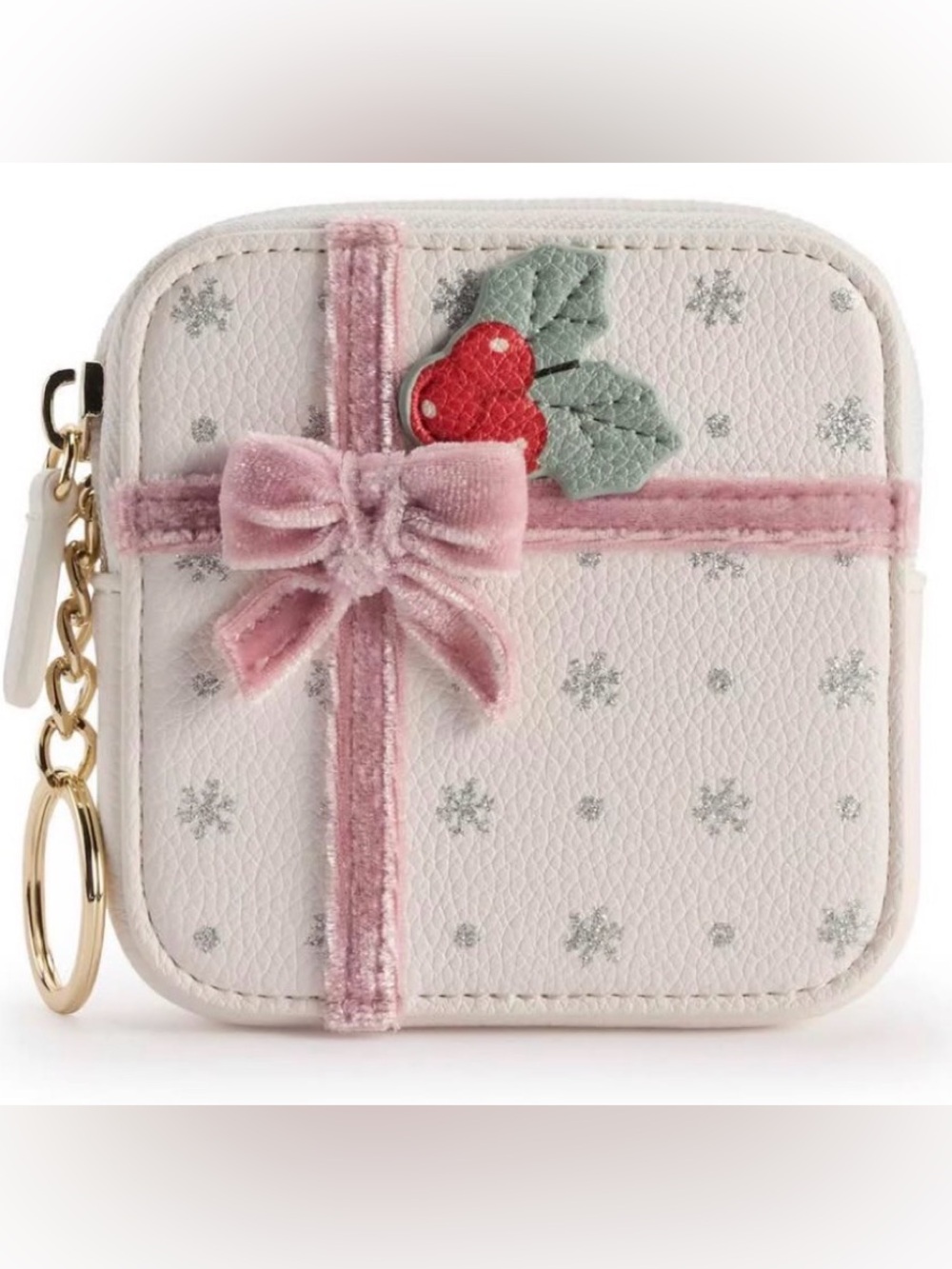 NEW LC Lauren Conrad Velvet Bow Holiday Coin Pouch w/ Cherry Accent, Key Chain